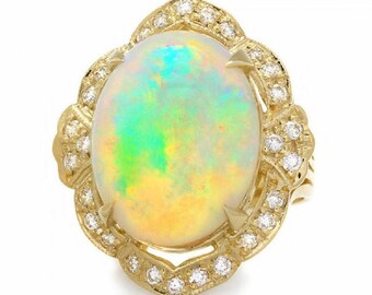 14.65ct Natuurlijke Ethiopische Opaal en Diamant 14k Massief Geel Goud Ring