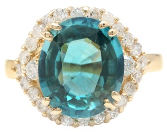6.90 Karaat Natuurlijk Zeer Mooi Uitziende Blauwe Zirkoon en Diamant 14K Geel Gouden Ring