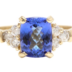 3.50 Carats Natural Very Nice Looking Tanzanite and Diamond 14K Solid Yellow Gold Ring