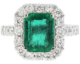4.30ct Natural Esmeralda y Diamante 18k Anillo de Oro Blanco Sólido