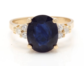 5.75ct Natural Blue Sapphire & Diamond 14k Solid Yellow Gold Ring