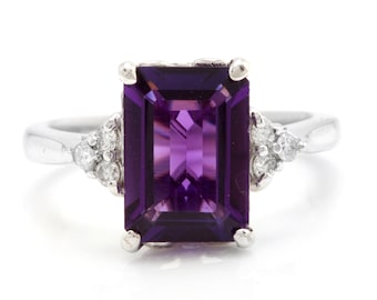 4.15 Carats Natural Amethyst and Diamond 14K Solid White Gold Ring