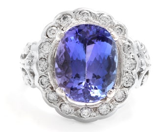 6.50 Carats Natural Tanzanite and Diamond 14k Solid White Gold Ring