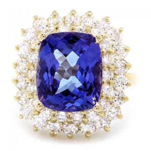 Anillo de oro amarillo sólido de 9.40 quilates de tanzanita natural y diamante de 14k
