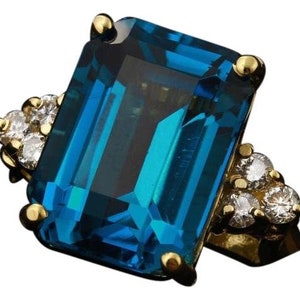9.85ct Natural London Blue Topaz & Diamond 14k Solid Yellow Gold Ring