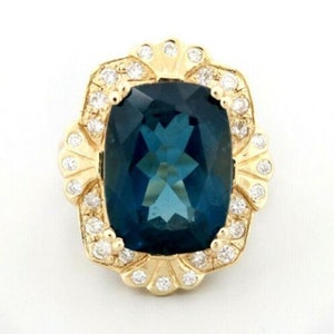 13.75ct Natural London Blue Topaz & Diamond 14k Solid Yellow Gold Ring