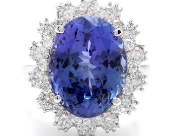 10.50 Carats Natural Tanzanite and Diamond 14k Solid White Gold Ring