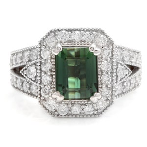 4.90 Carats Natural Green Tourmaline and Diamond 18k Solid White Gold Ring
