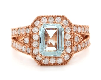 Anillo de oro rosa macizo de 2,65 quilates de aguamarina natural y diamante de 14 quilates