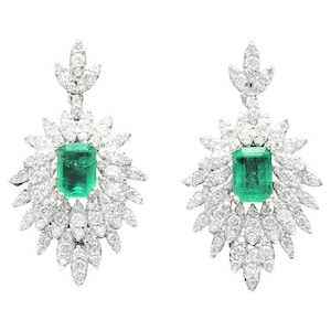 Superbi orecchini in oro bianco massiccio smeraldo e diamanti 14K 5.00 carati