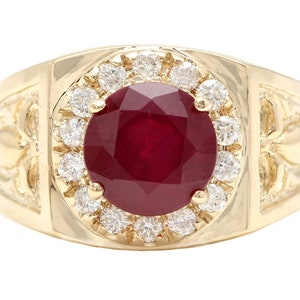 5.00 Carats Red Ruby and Diamond 14K Solid Yellow Gold Men&#39;s Ring