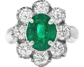 4.40ct Natural Emerald & Diamond 14k Solid White Gold Ring