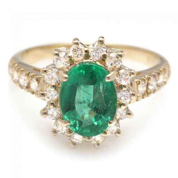 Bague de fiançailles œil turc en or 14 carats avec émeraude taille ronde et diamants (0,2 carat au total