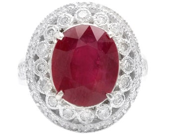 7.10 Carats Red Ruby and Diamond 14K Solid White Gold Ring