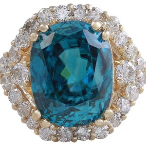 8.70 Carats Natural Blue Zircon and Diamond 14k Solid Yellow Gold Ring