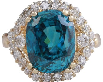 8,70 karaat natuurlijke blauwe zirkoon en diamanten 14k massief geelgouden ring