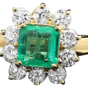 3.40ct Natural Emerald & Diamond 14k Solid Yellow Gold Ring