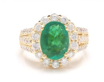 3.88 Carats Natural Emerald & Diamond 14k Solid Yellow Gold Ring