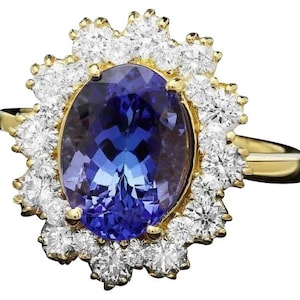 Anillo de oro amarillo sólido de 4,80 quilates de tanzanita natural y diamante de 14 quilates