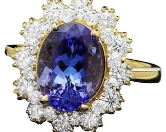 4.80 Carats Natural Tanzanite and Diamond 14K Solid Yellow Gold Ring