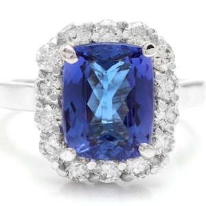 5.00 Carats Natural Tanzanite and Diamond 14k Solid White Gold Ring