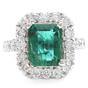 5.30ct Natural Emerald & Diamond 14k Solid White Gold Ring