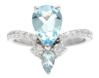 1.75 Carats Natural Aquamarine and Diamond 14K Solid White Gold Ring