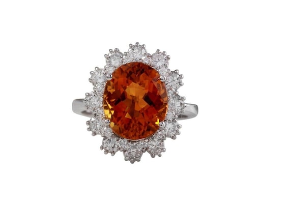 5.90ct Natural Madeira Citrine and Diamond 14k Solid White Gold Ring