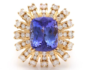 10.20 Carats Natural Tanzanite and Diamond 14k Solid Yellow Gold Ring