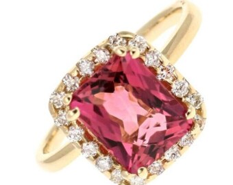 3.35 Carats Natural Tourmaline and Diamond 14k Solid Yellow Gold Ring