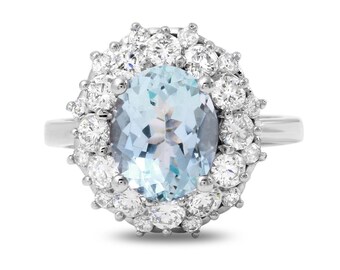 4.10 Carats NATURAL AQUAMARINE and DIAMOND 14K Solid White Gold Ring