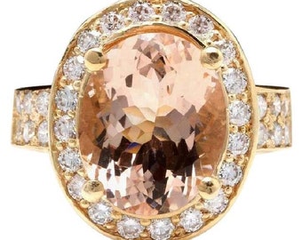 6.91 Carats Natural Morganite and Diamond 14k Solid Yellow Gold Ring