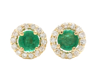 1.00ct Natural Emerald en Diamond 14k Solid Yellow Gold Oorbellen