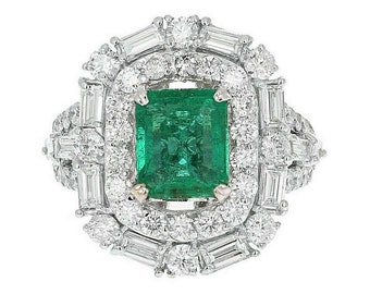 5.50ct Natural Esmeralda y Diamante 18k Anillo Sólido de Oro Blanco