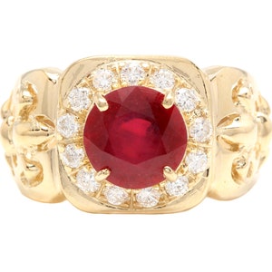4.60ct Natural Ruby and Diamond 14k Solid Yellow Gold Men&#39;s Ring