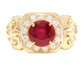 4.60ct Natural Ruby and Diamond 14k Solid Yellow Gold Men's Ring
