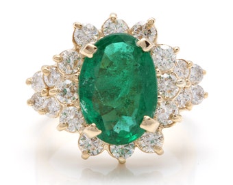 5.70ct Natural Emerald & Diamond 14k Yellow Gold Solid Ring