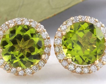 6.7カラット14 K Solidゴールドスタッドイヤリング天然ペリドット 14金ホワイトゴールド 2mm天然ペリドット シンプルスタッドピアス N