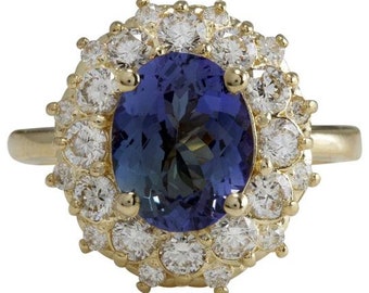 3.80 Carats Natural Tanzanite and Diamond 14k Solid Yellow Gold Ring