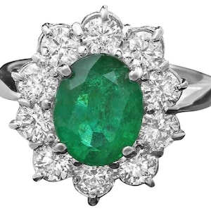 3.65ct Natural Emerald & Diamond 14k Solid White Gold Ring
