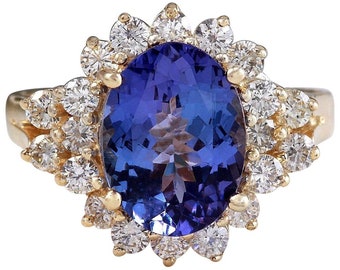 3.84 Carats Natural Tanzanite and Diamond 14k Solid Yellow Gold Ring