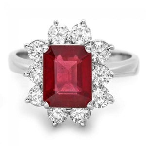 4.10 Carats Natural Red Ruby and Diamond 14k Solid White Gold Ring