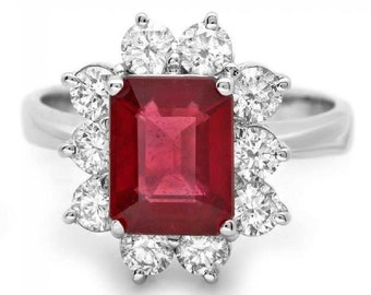 4.10 Carats Natural Red Ruby and Diamond 14k Solid White Gold Ring