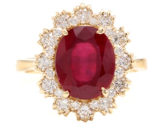 7.20 Carats Natural Red Ruby and Diamond 18k Solid Yellow Gold Ring