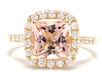 2.60 Carats Natural Morganite and Diamond 14k Solid Yellow Gold Ring