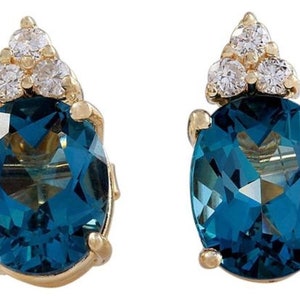 4.80ct Natural London Blue Topaz and Diamond 14k Solid Yellow Gold Earrings