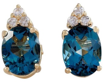 4.80ct Natural London Blue Topaz and Diamond 14k Solid Yellow Gold Earrings