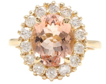 Anillo de oro amarillo sólido de 4,50 quilates de morganita natural y diamante de 14 quilates
