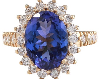 5.25 Carats Natural Very Nice Looking Tanzanite and Diamond 14K Solid Yellow Gold Ring