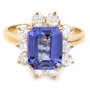 Anillo de oro amarillo sólido de 3,60 quilates de tanzanita natural y diamante de 14 quilates